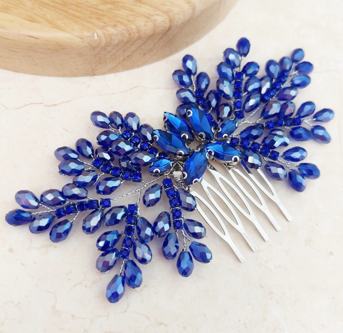 Royal blue bow crystal hair comb - Petal & Pearl