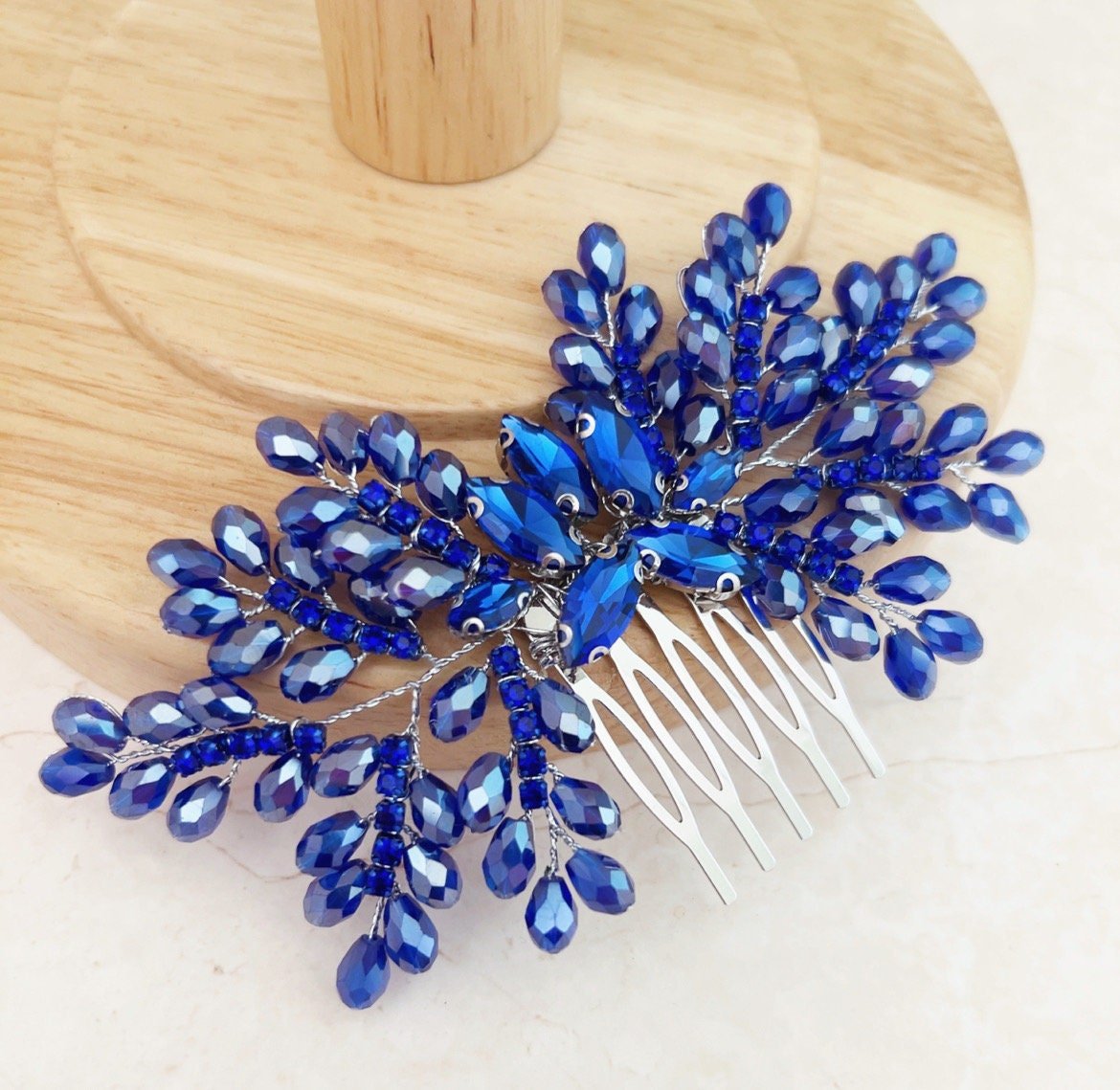 Royal blue bow crystal hair comb - Petal & Pearl