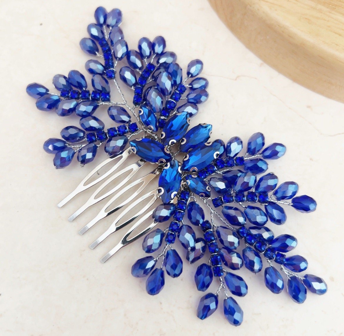 Royal blue bow crystal hair comb - Petal & Pearl