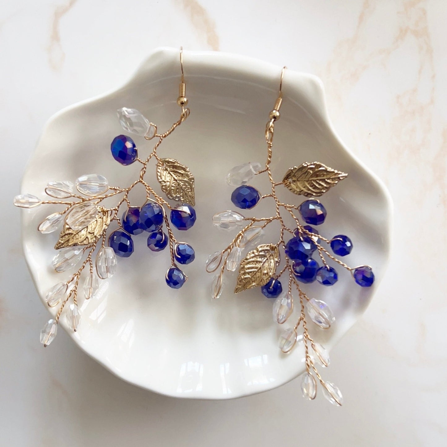 Royal blue crystal and gold leaf earrings - Petal & Pearl