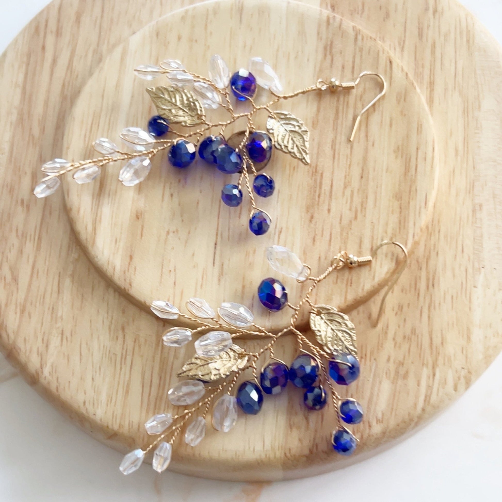 Royal blue crystal and gold leaf earrings - Petal & Pearl