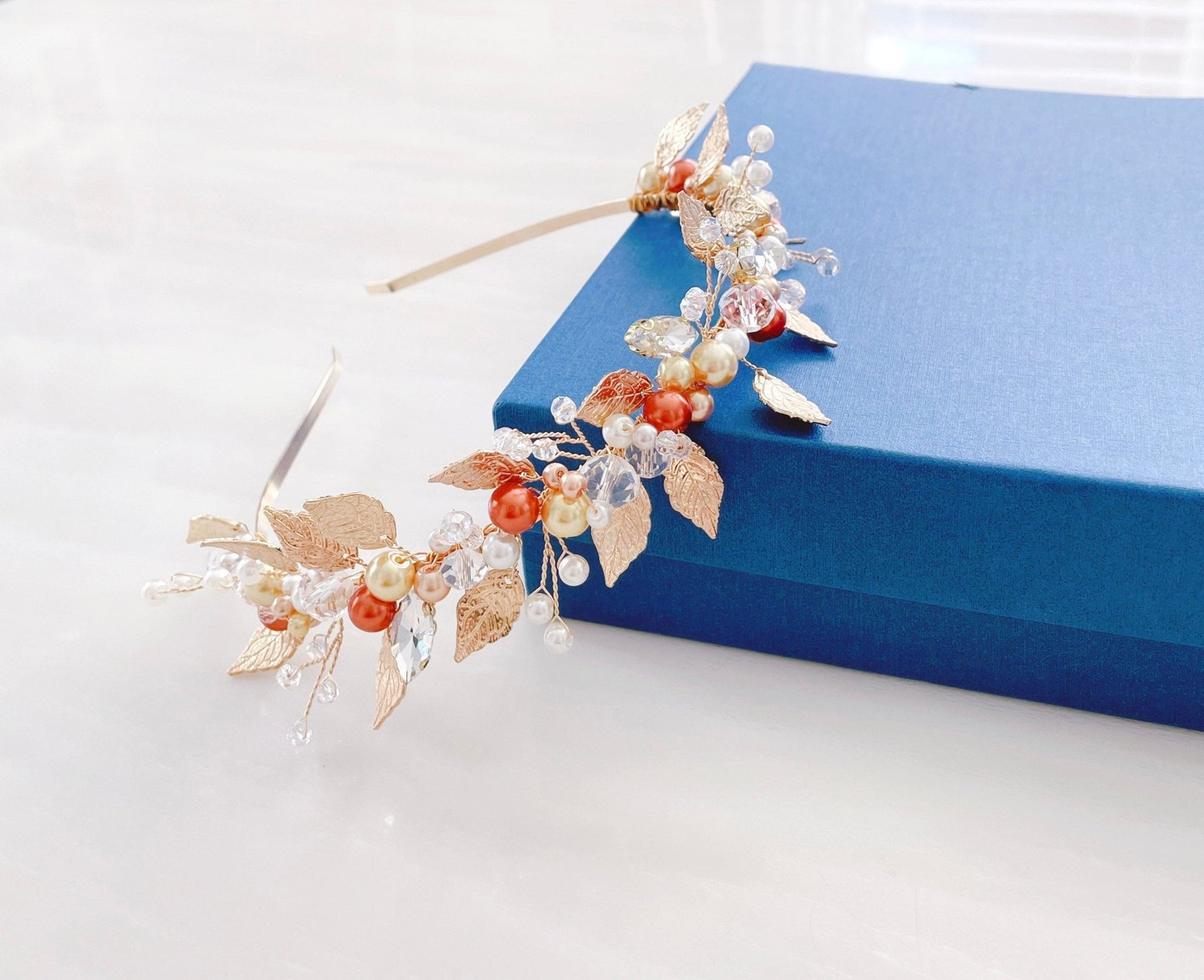 rust orange and gold crystal headpiece - Petal & Pearl