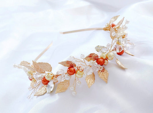 rust orange and gold crystal headpiece - Petal & Pearl