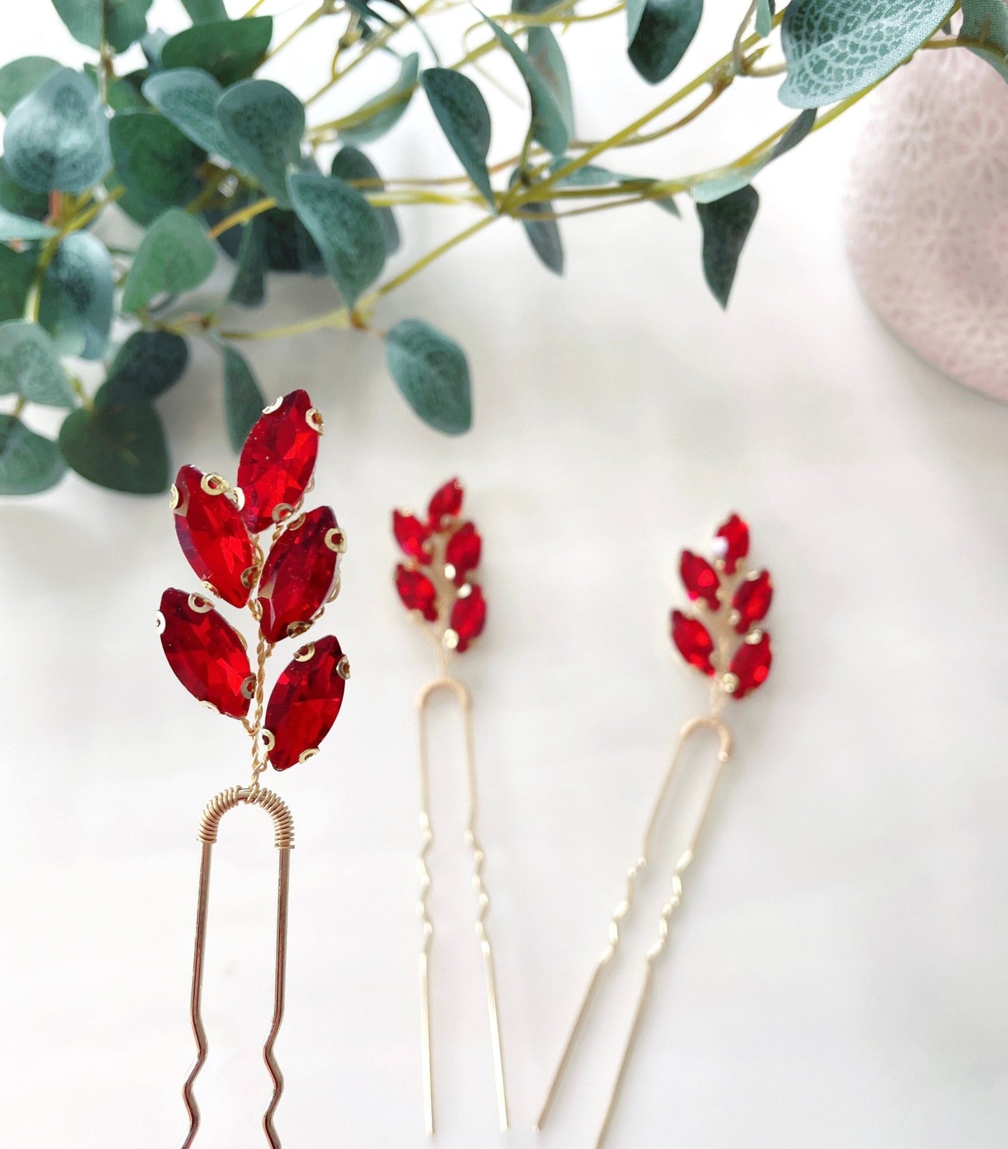 set of 3 vibrant red crystal hair pins - Petal & Pearl