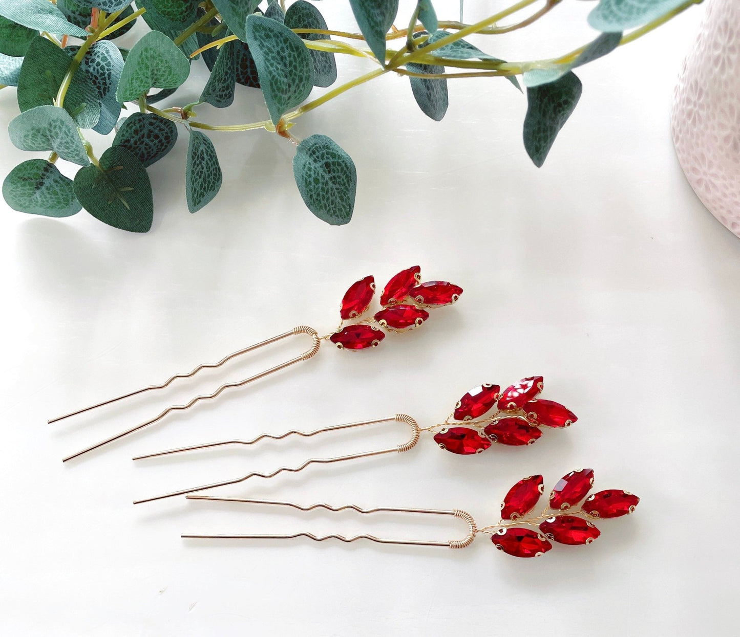 set of 3 vibrant red crystal hair pins - Petal & Pearl