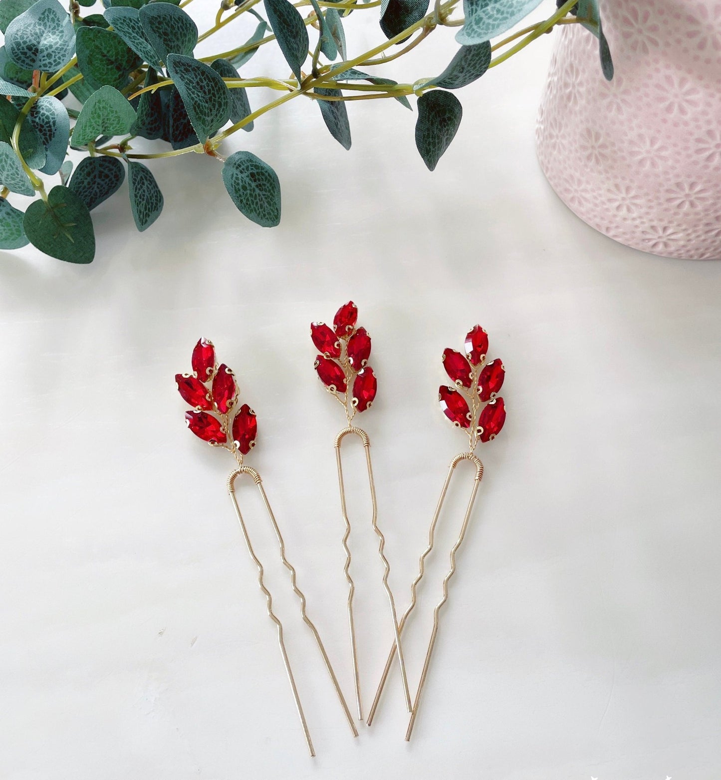 set of 3 vibrant red crystal hair pins - Petal & Pearl