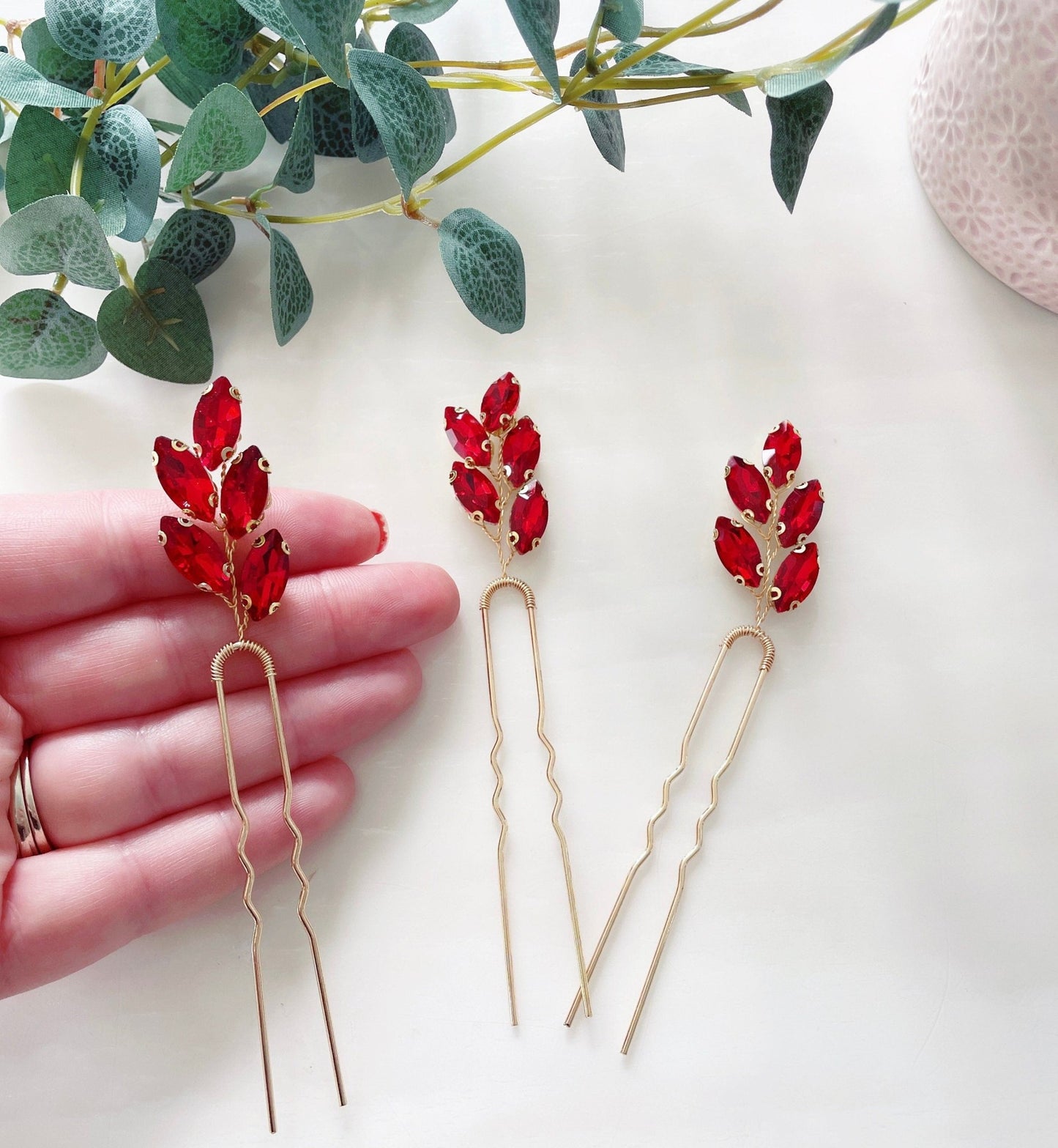 set of 3 vibrant red crystal hair pins - Petal & Pearl