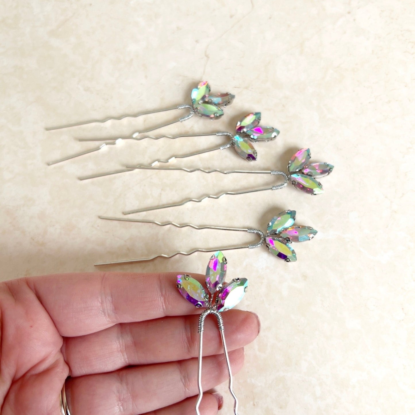 Set of five AB crystal bridal hair pins - Petal & Pearl