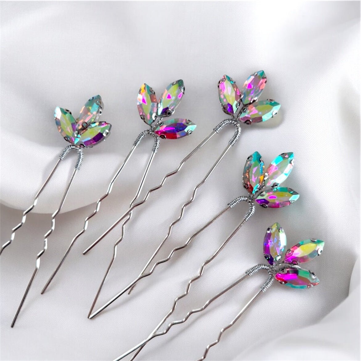 Set of five AB crystal bridal hair pins - Petal & Pearl