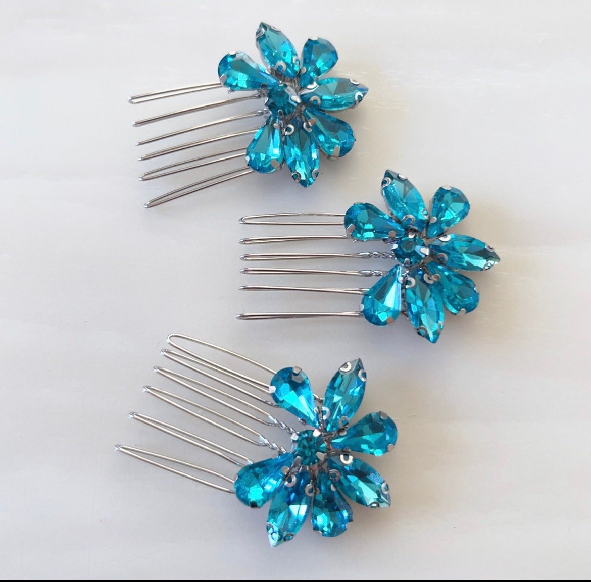 Set of three bright blue crystal hair combs - Petal & Pearl