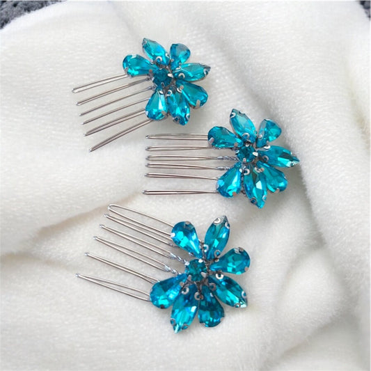 Set of three bright blue crystal hair combs - Petal & Pearl