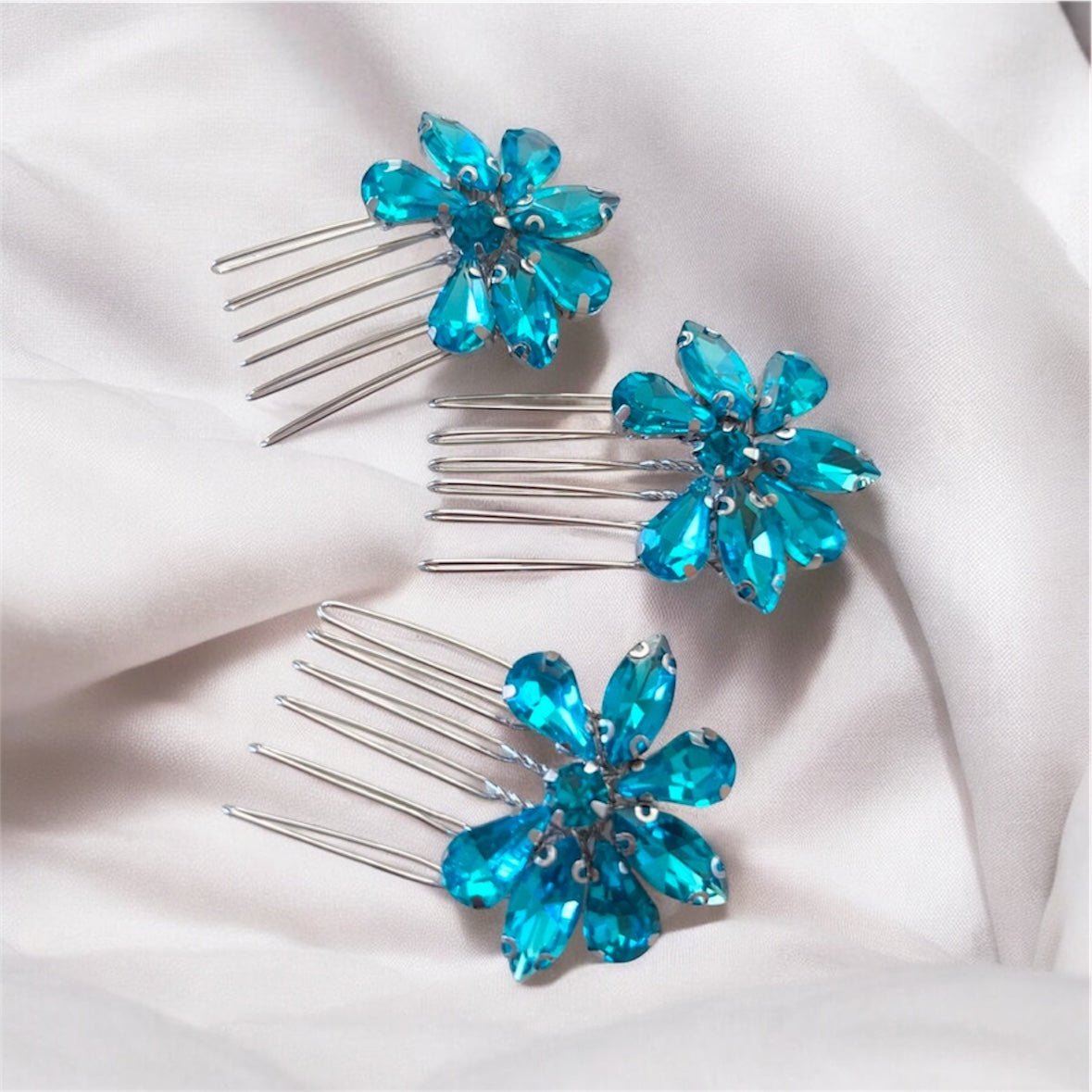Set of three bright blue crystal hair combs - Petal & Pearl