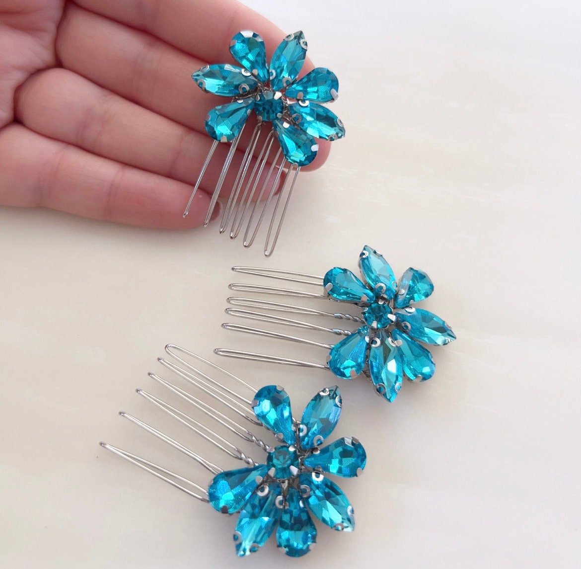 Set of three bright blue crystal hair combs - Petal & Pearl
