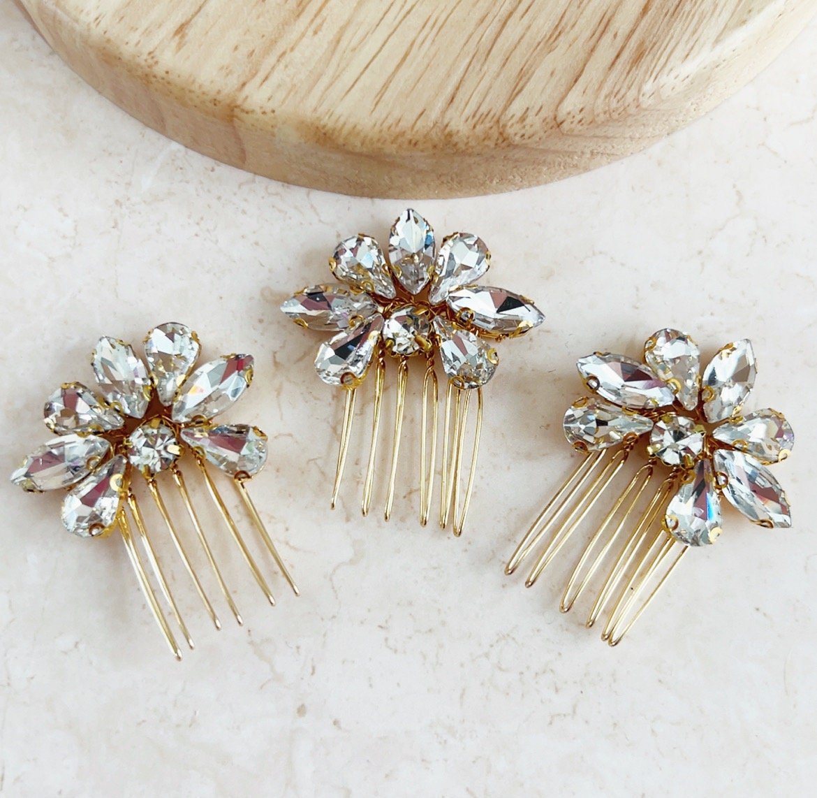 Set of three gold crystal hair combs - Petal & Pearl