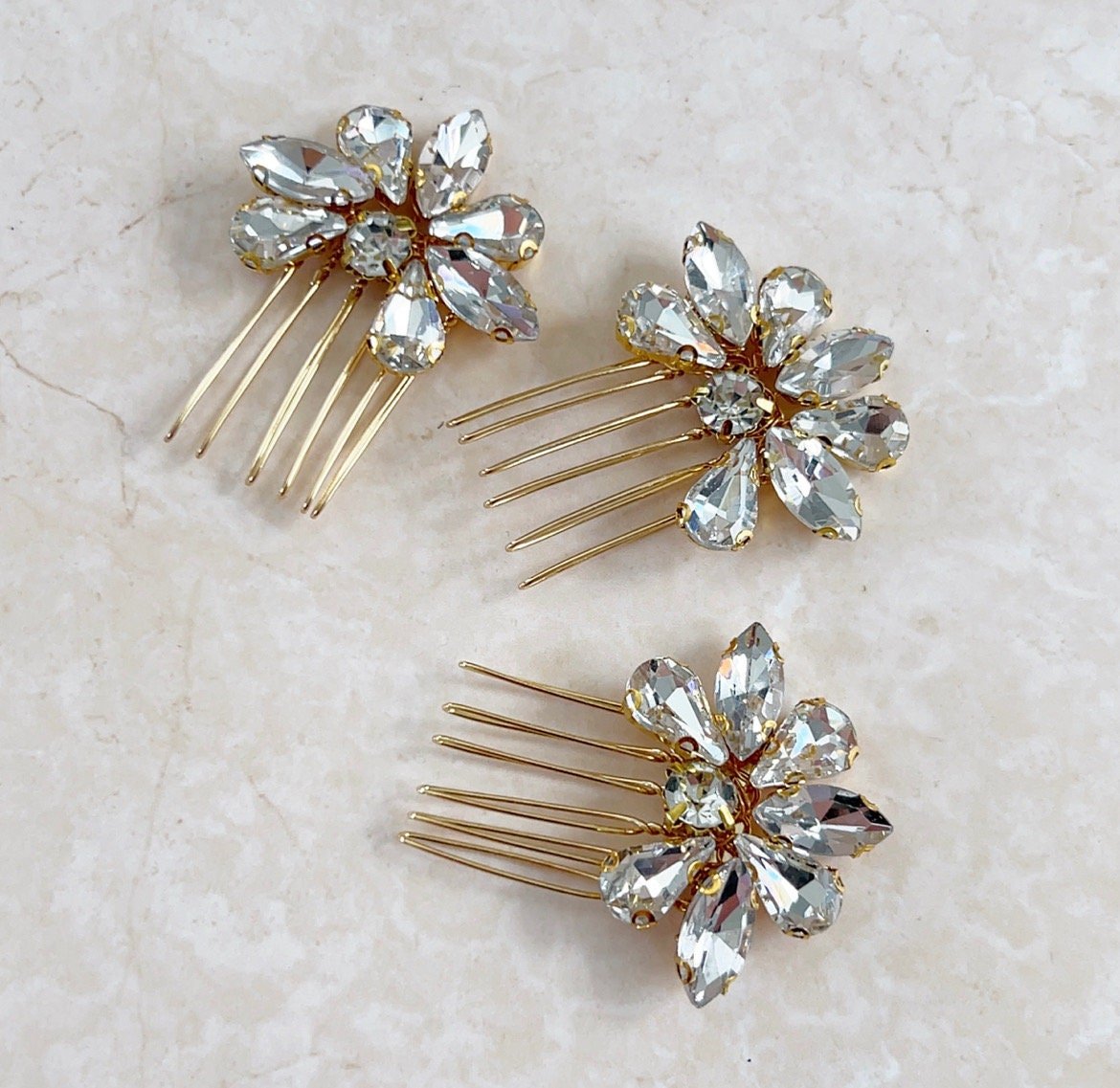 Set of three gold crystal hair combs - Petal & Pearl