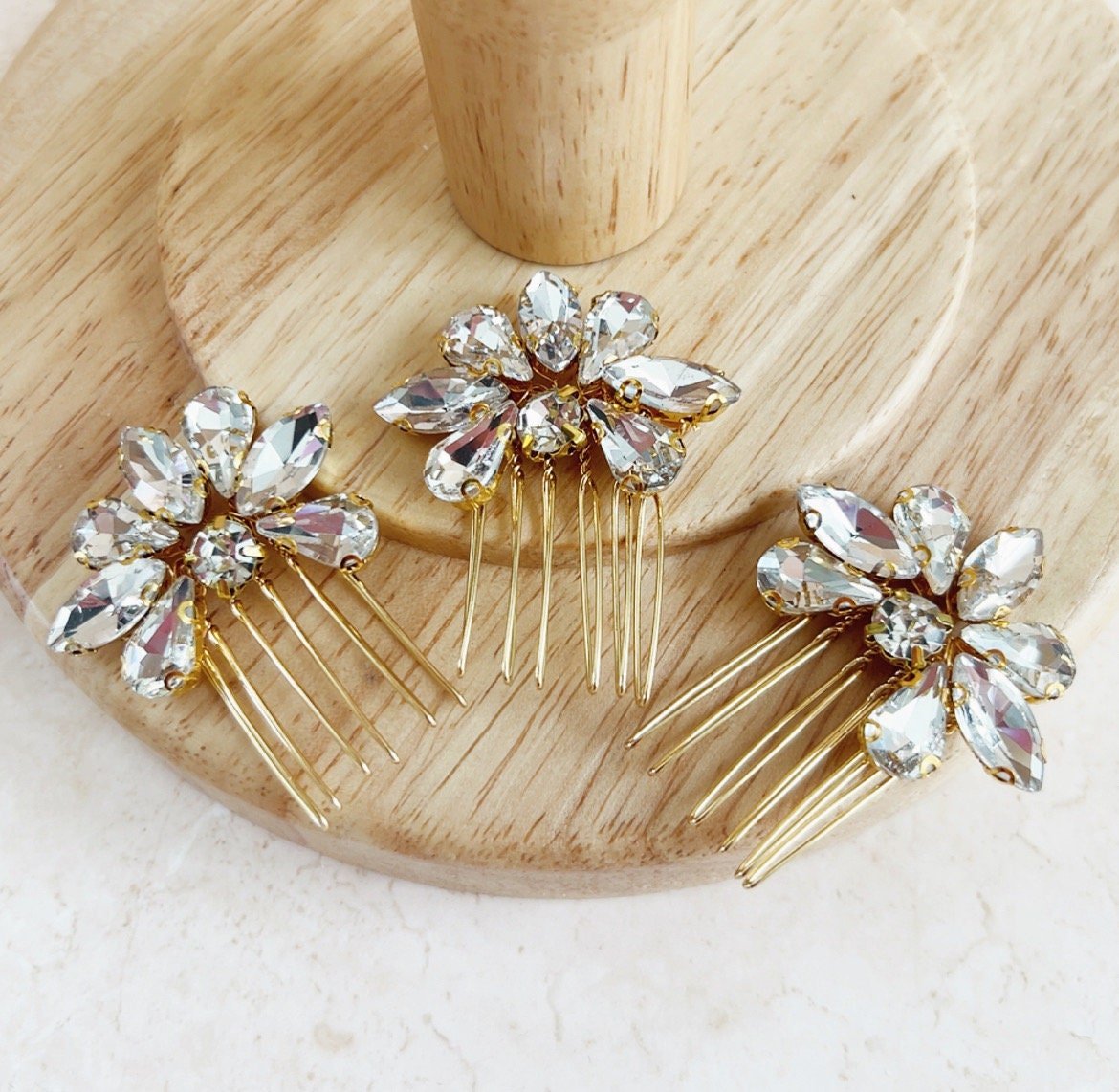 Set of three gold crystal hair combs - Petal & Pearl