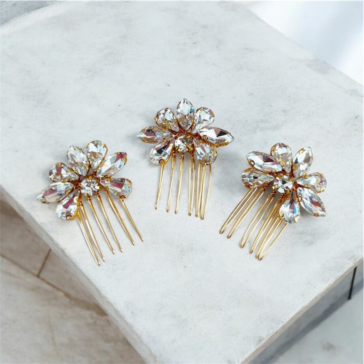 Set of three gold crystal hair combs - Petal & Pearl