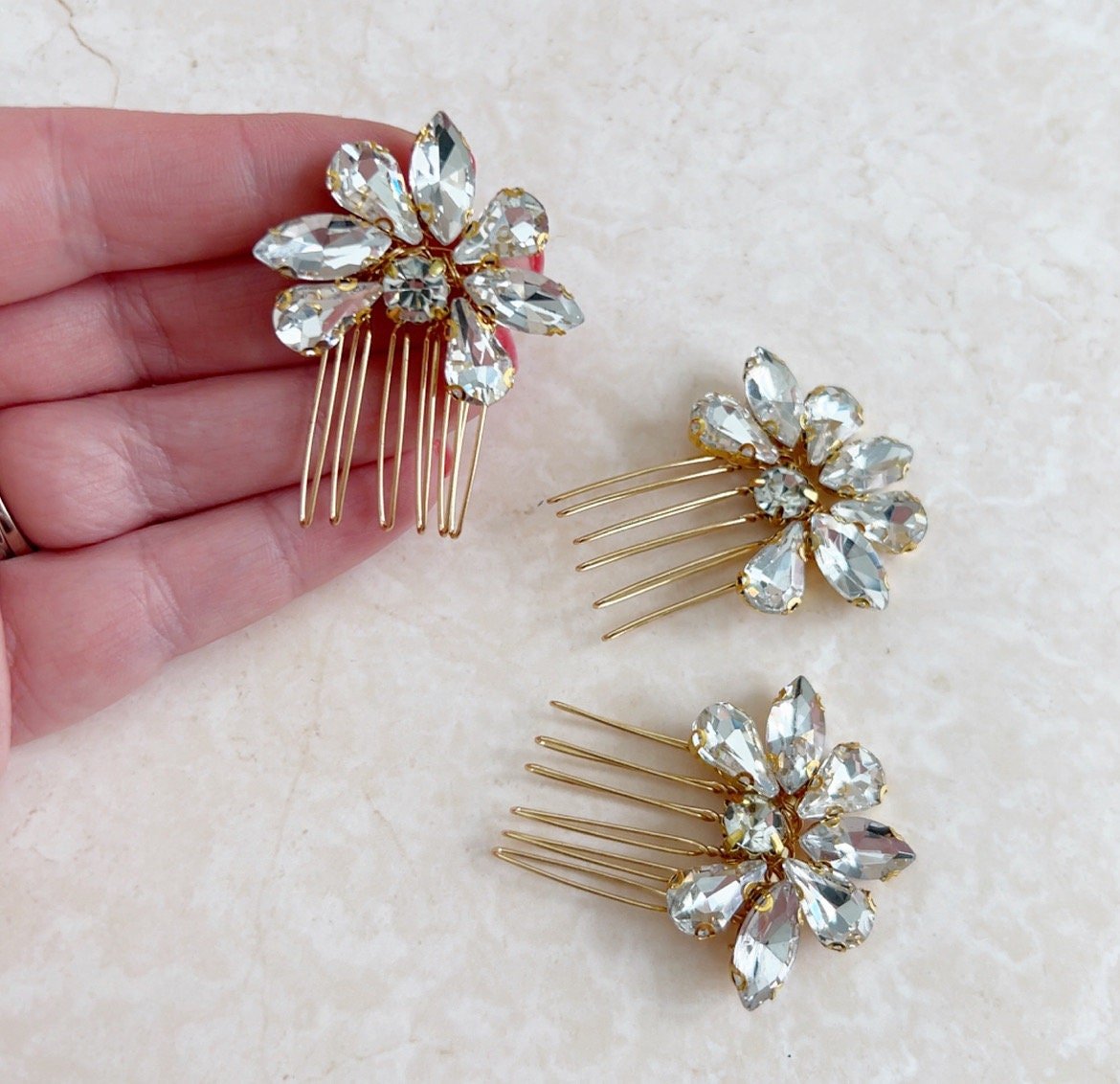 Set of three gold crystal hair combs - Petal & Pearl