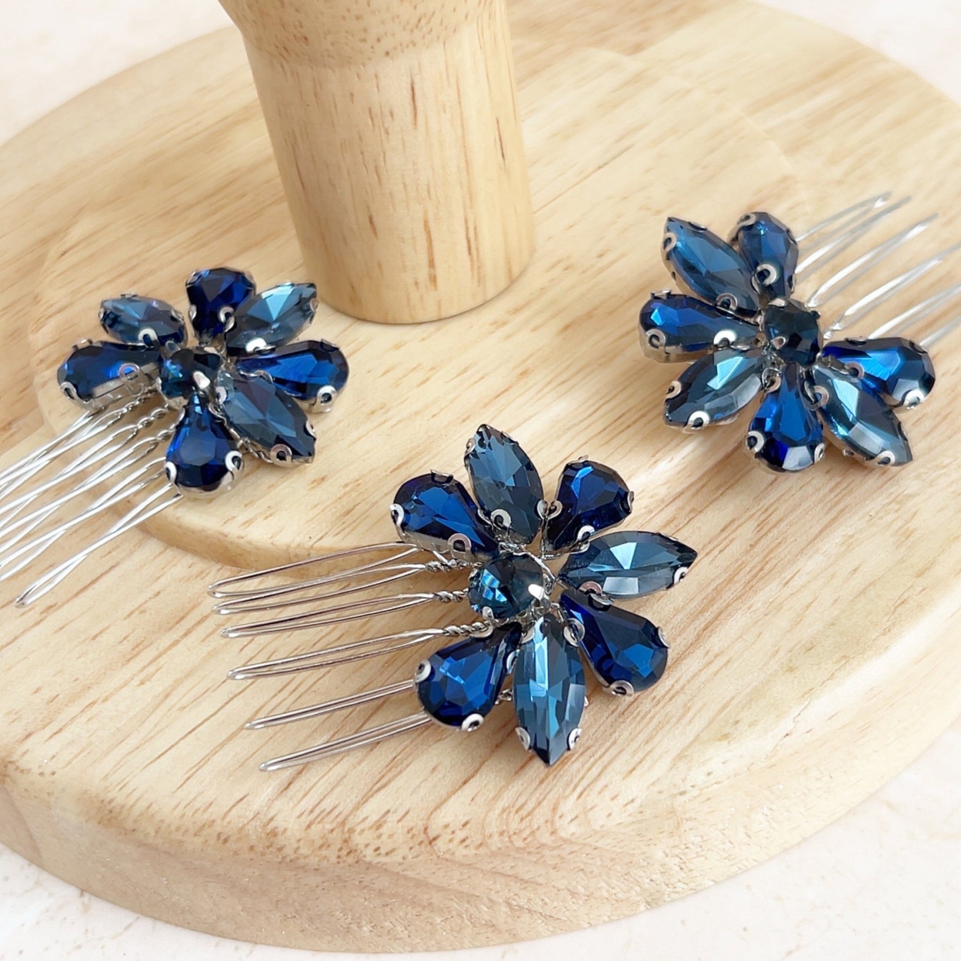 Set of three navy blue crystal hair combs - Petal & Pearl