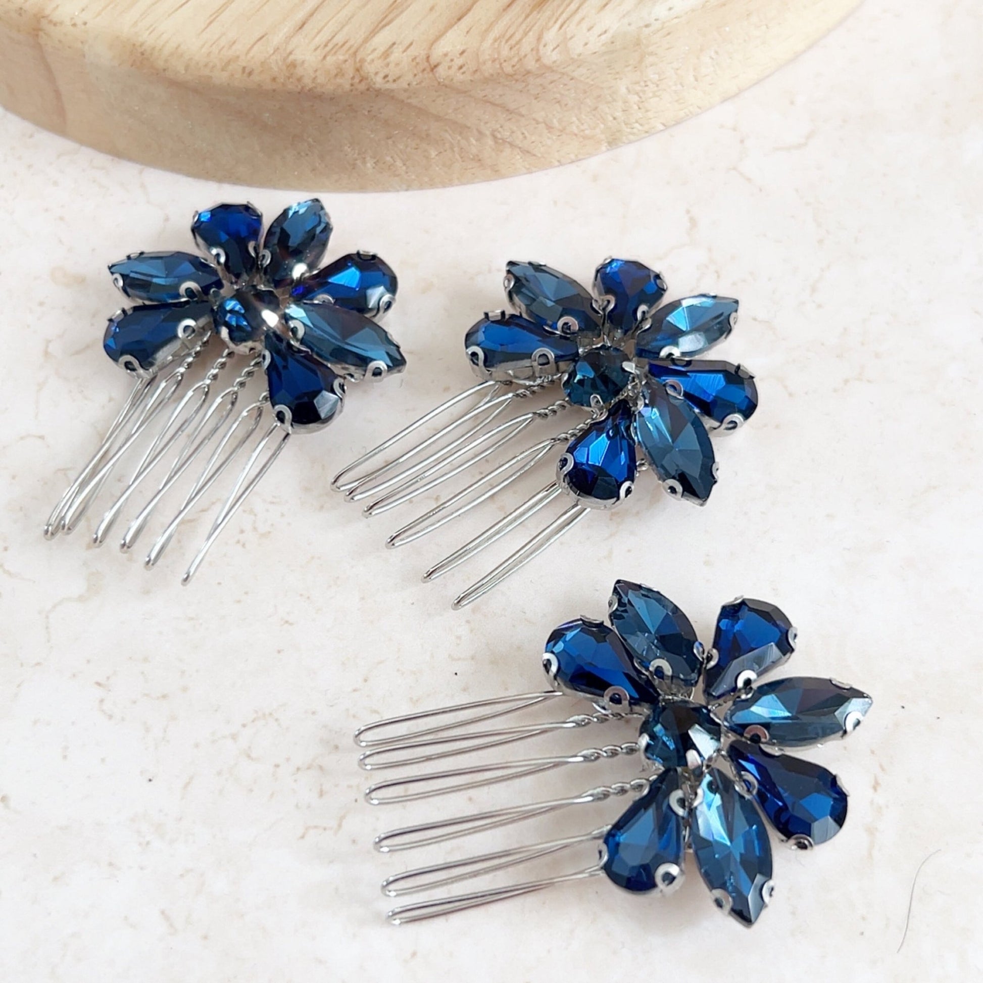 Set of three navy blue crystal hair combs - Petal & Pearl