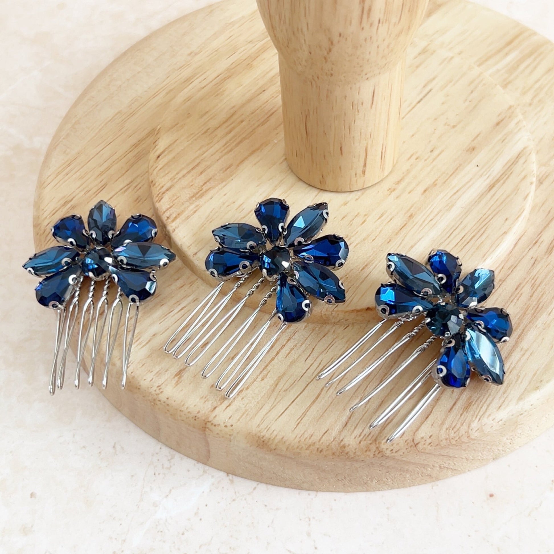 Set of three navy blue crystal hair combs - Petal & Pearl