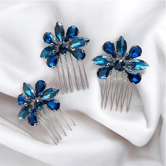 Set of three navy blue crystal hair combs - Petal & Pearl