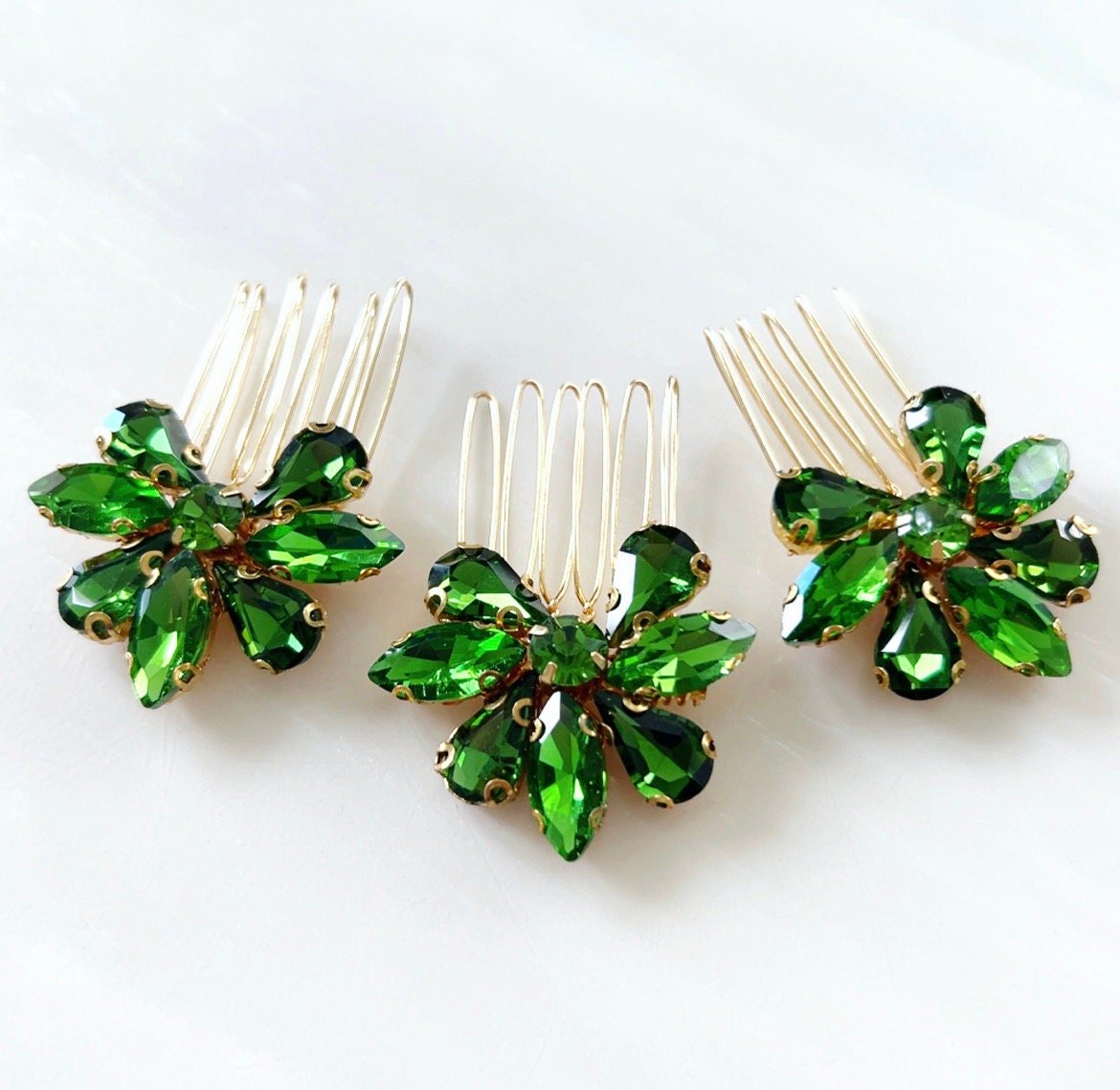 Set of three peridot green crystal hair combs - Petal & Pearl