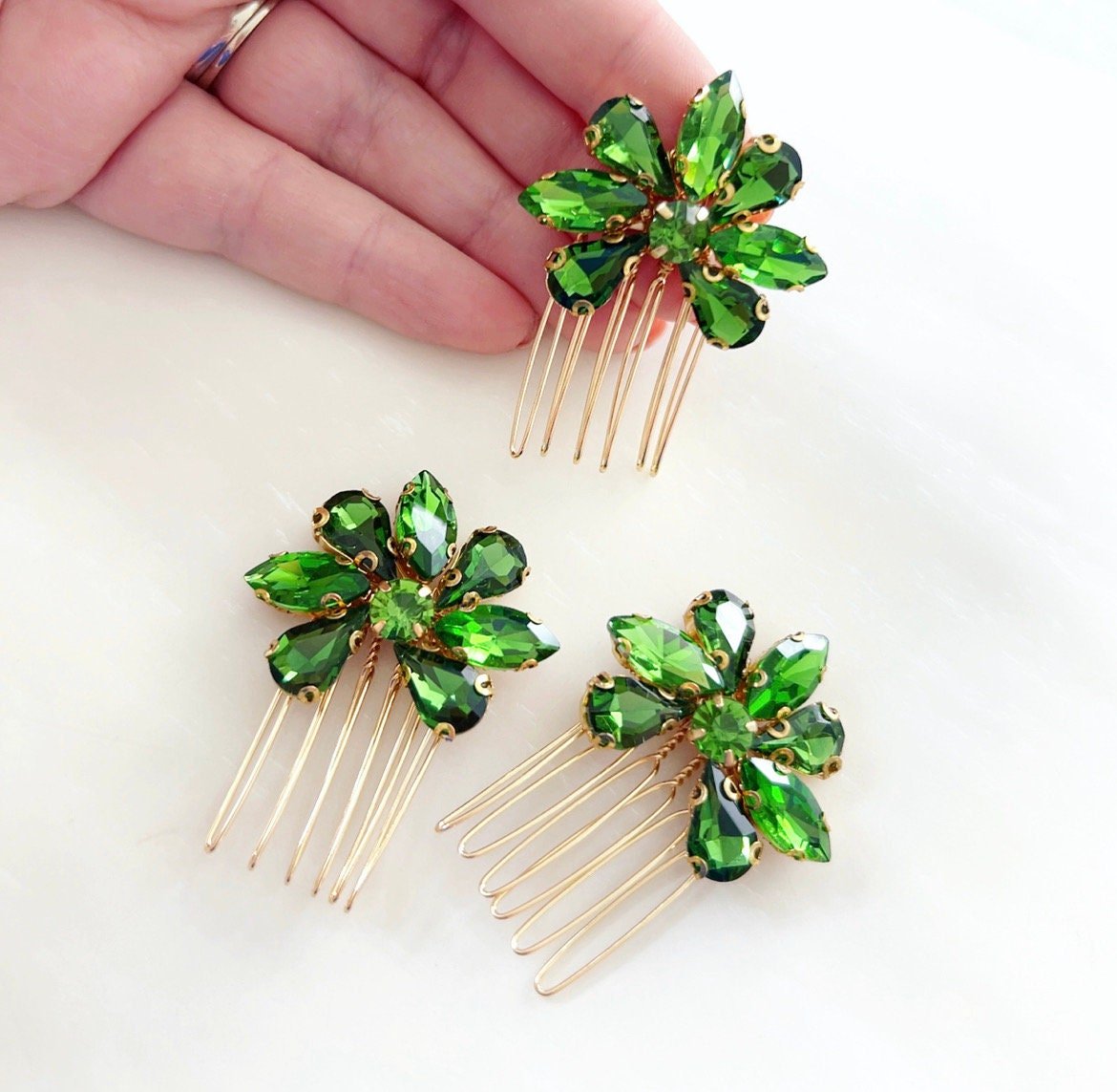 Set of three peridot green crystal hair combs - Petal & Pearl