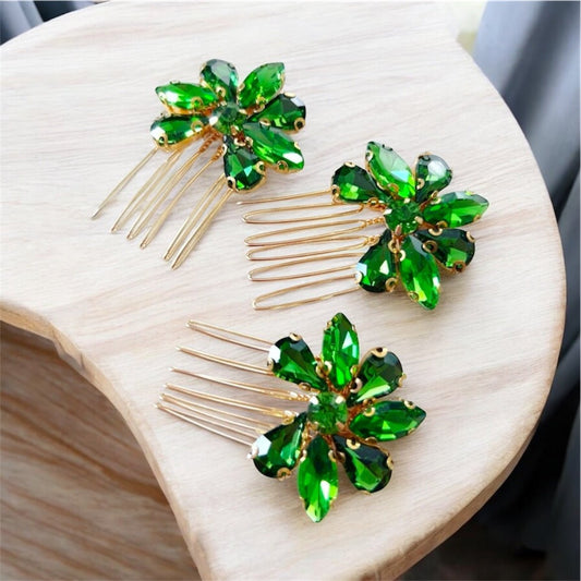 Set of three peridot green crystal hair combs - Petal & Pearl