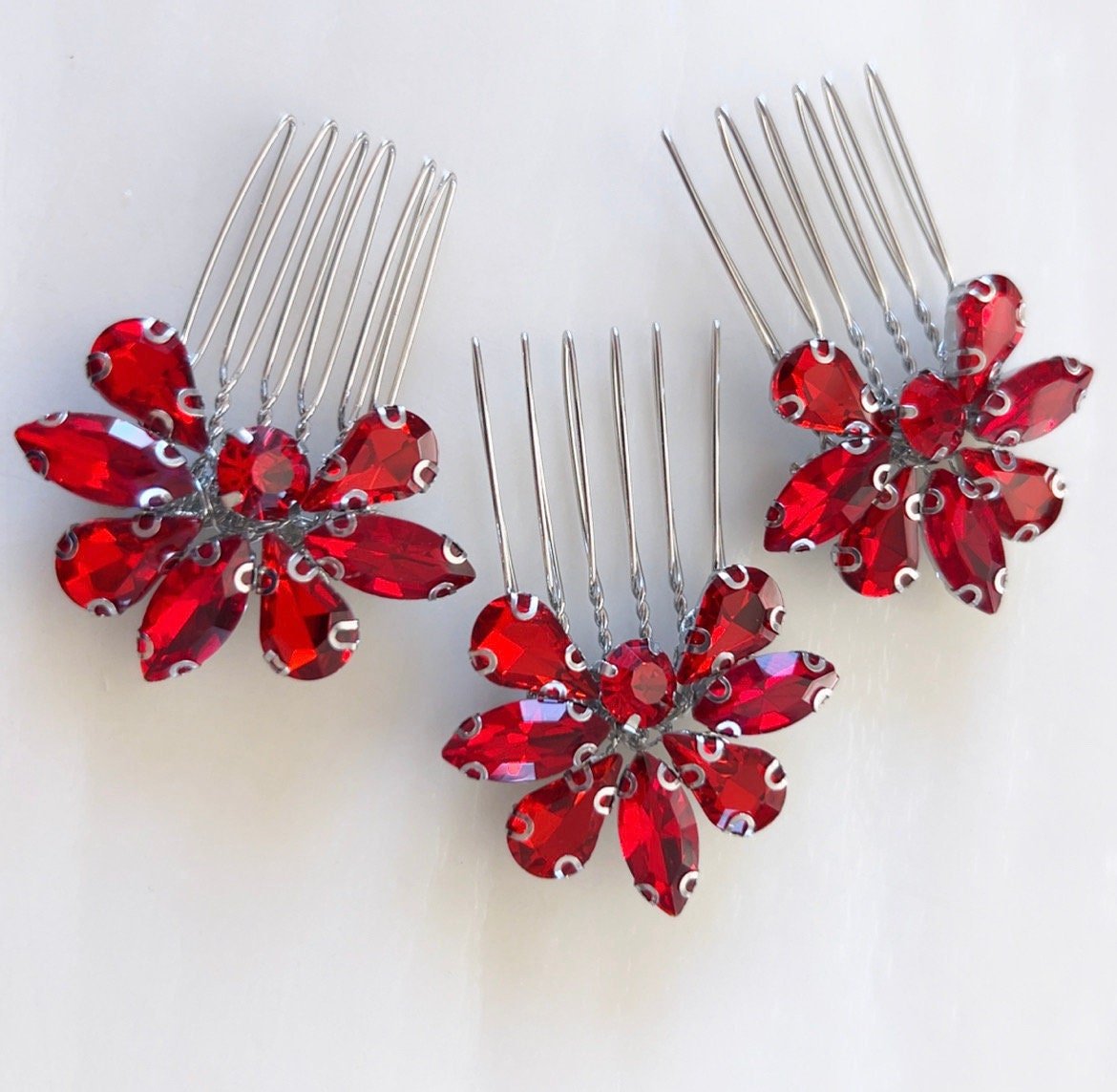 Set of three vibrant red crystal hair combs - Petal & Pearl