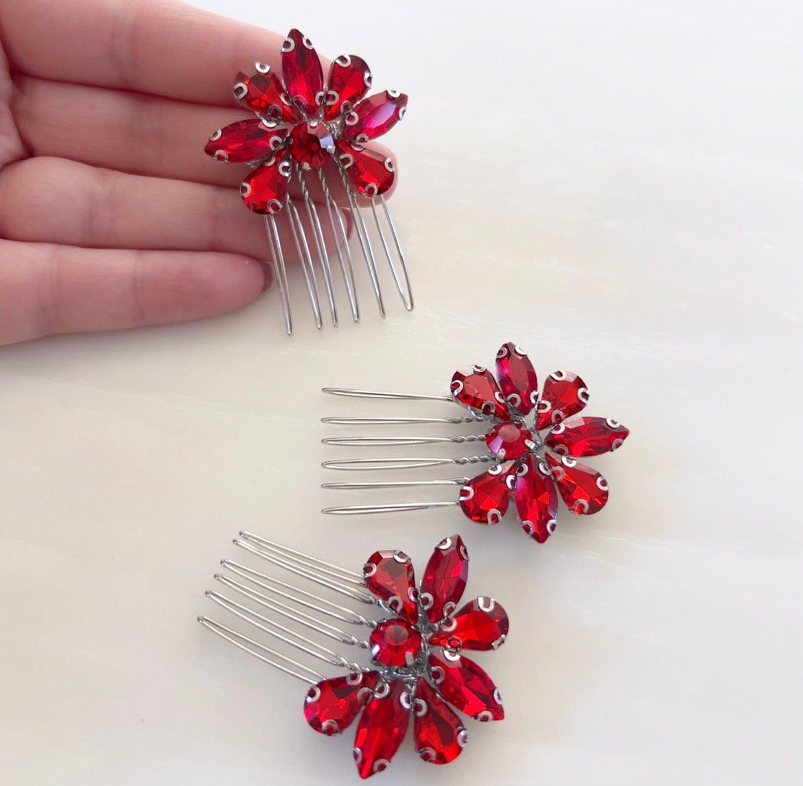 Set of three vibrant red crystal hair combs - Petal & Pearl