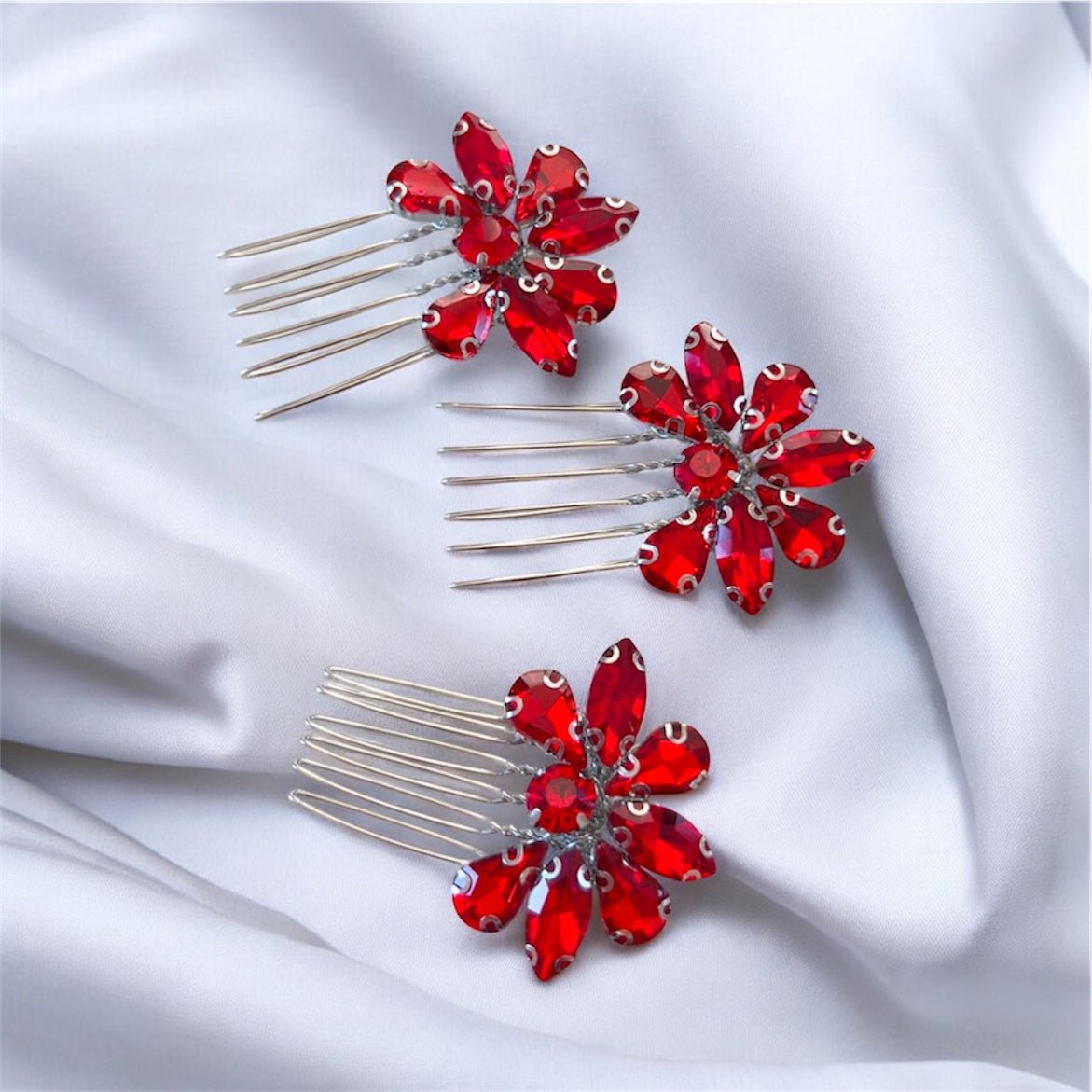 Set of three vibrant red crystal hair combs - Petal & Pearl