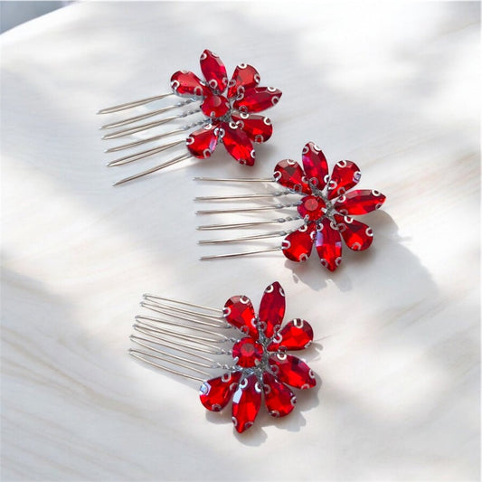 Set of three vibrant red crystal hair combs - Petal & Pearl