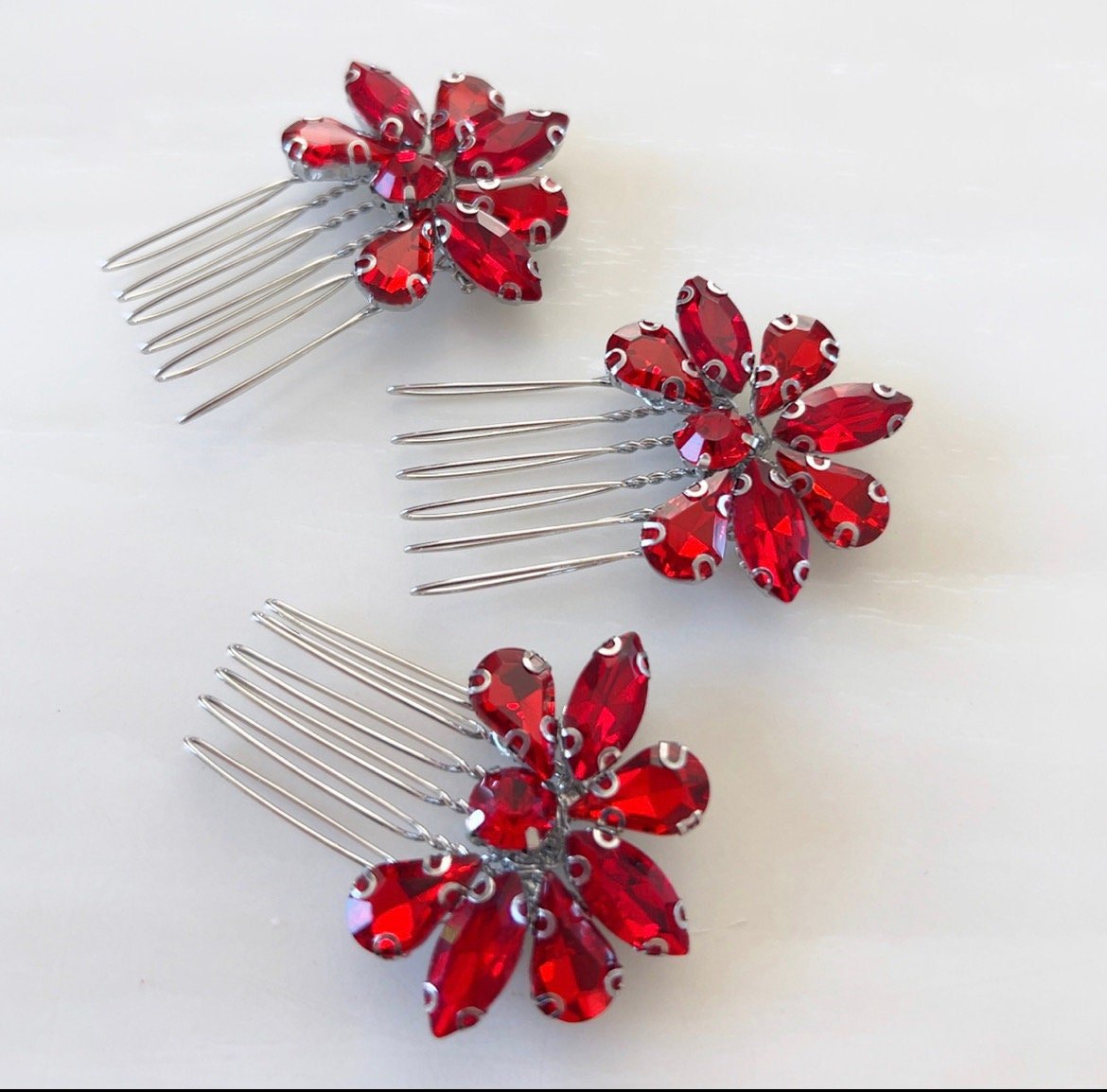 Set of three vibrant red crystal hair combs - Petal & Pearl