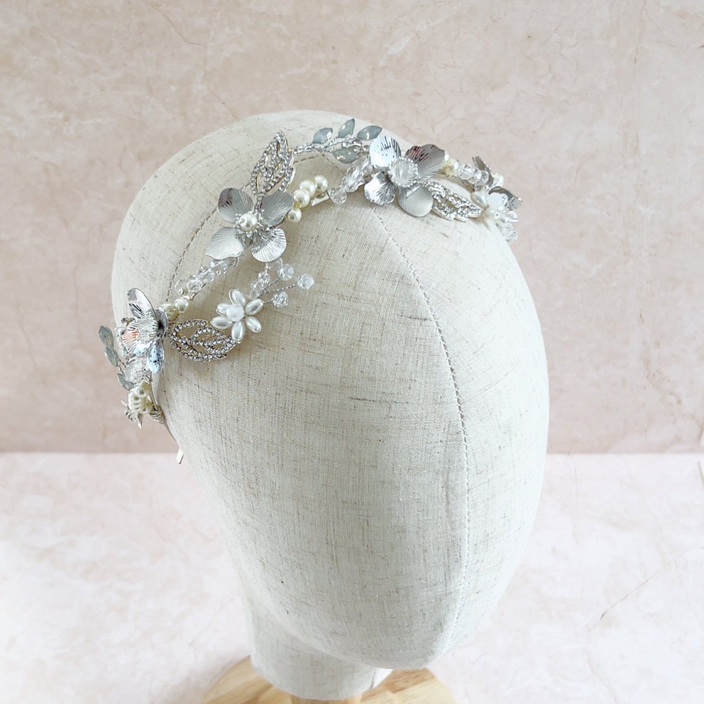 Silver handmade bridal headpiece - Petal & Pearl