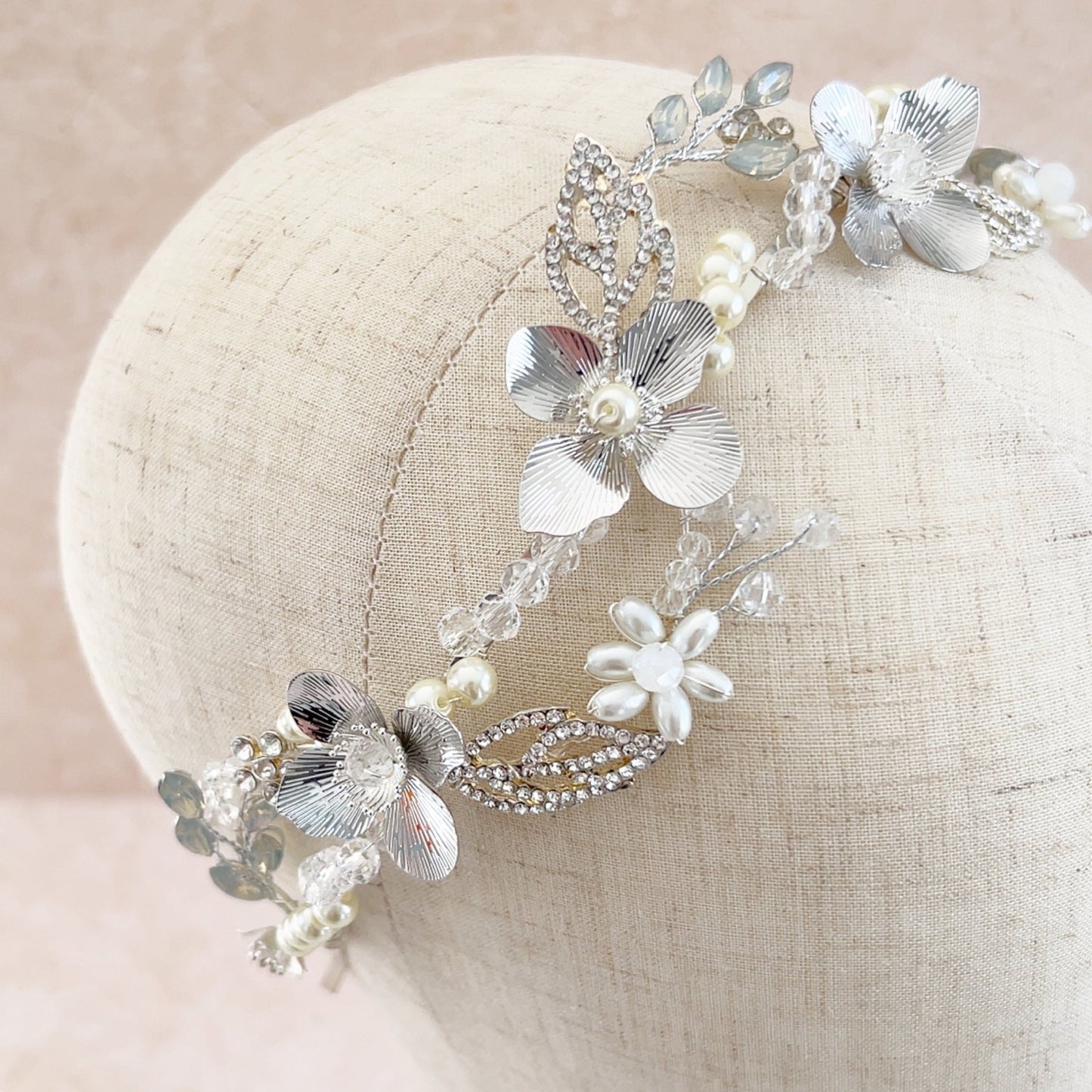 Silver handmade bridal headpiece - Petal & Pearl