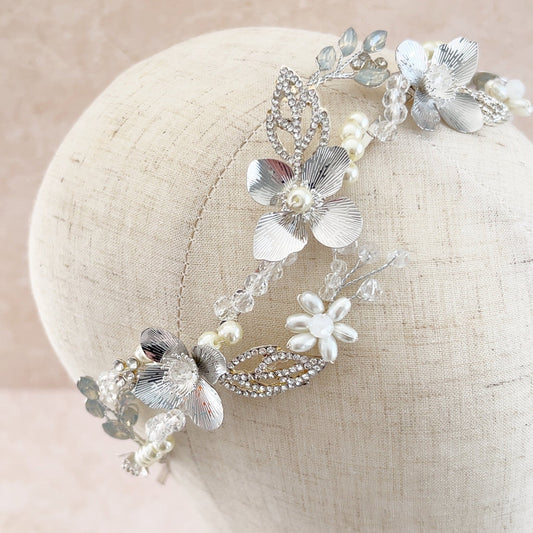 Silver handmade bridal headpiece - Petal & Pearl