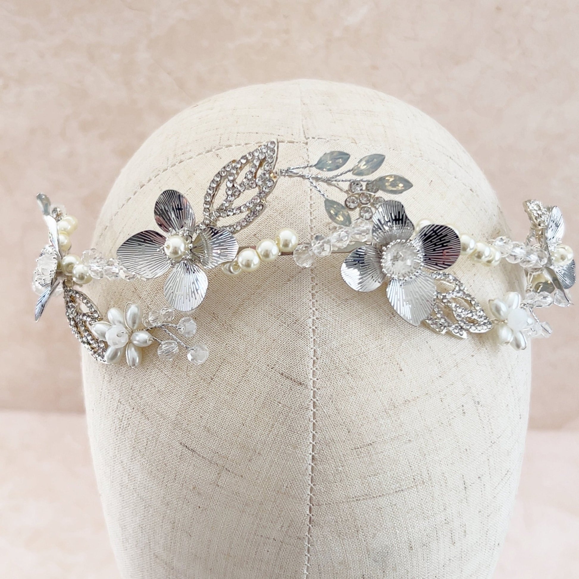 Silver handmade bridal headpiece - Petal & Pearl