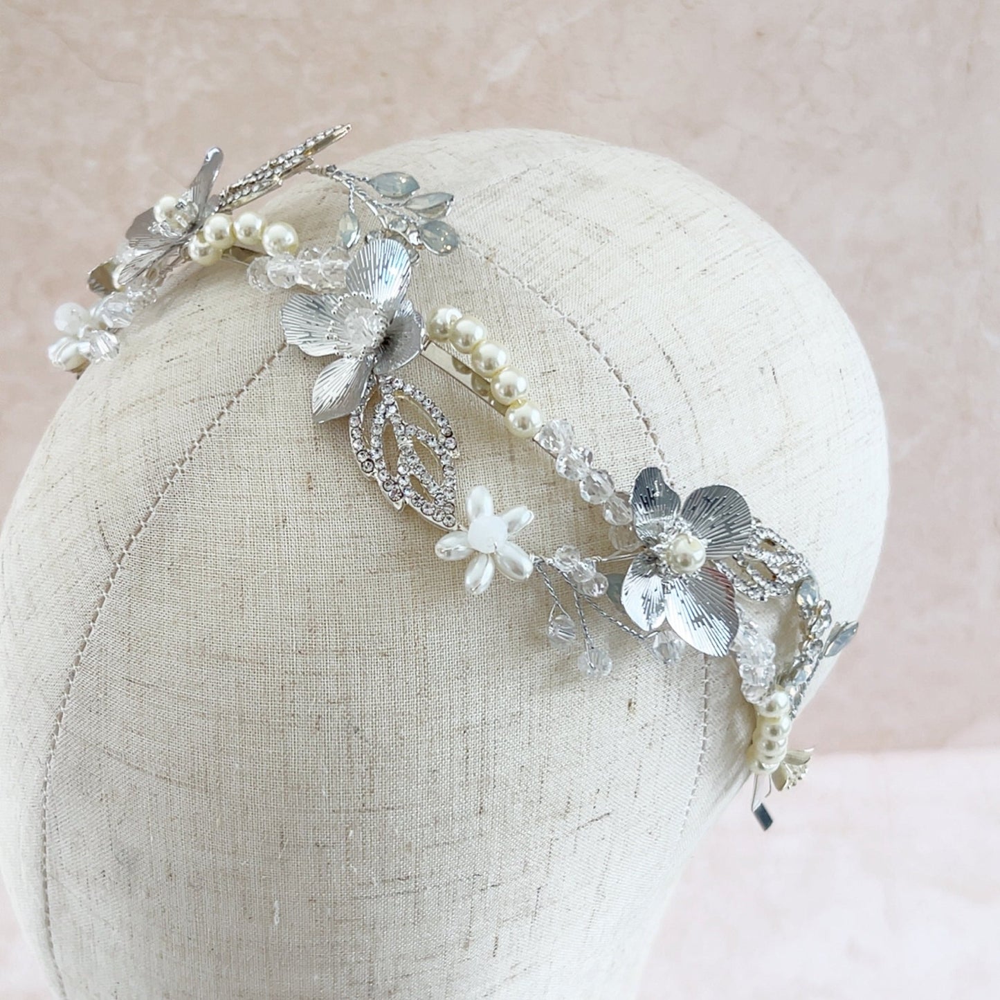 Silver handmade bridal headpiece - Petal & Pearl