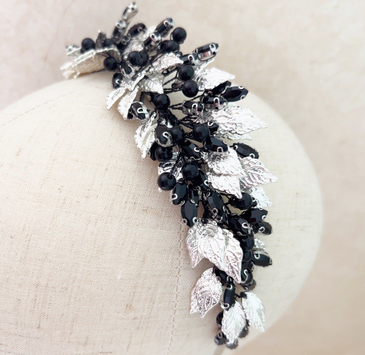 Silver leaf and black pearl bridal headband - Petal & Pearl