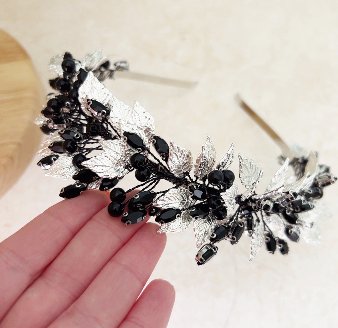 Silver leaf and black pearl bridal headband - Petal & Pearl