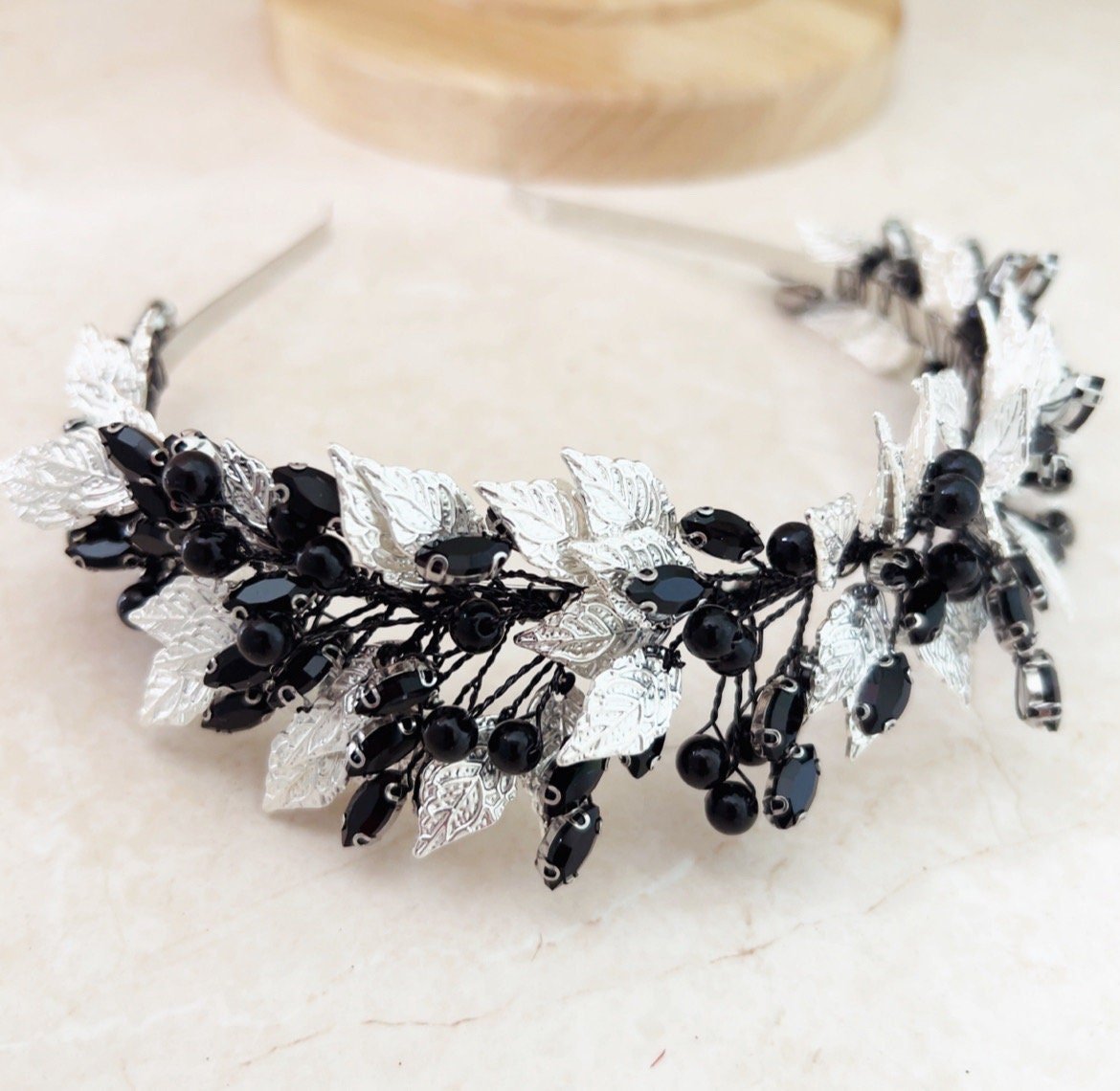 Silver leaf and black pearl bridal headband - Petal & Pearl