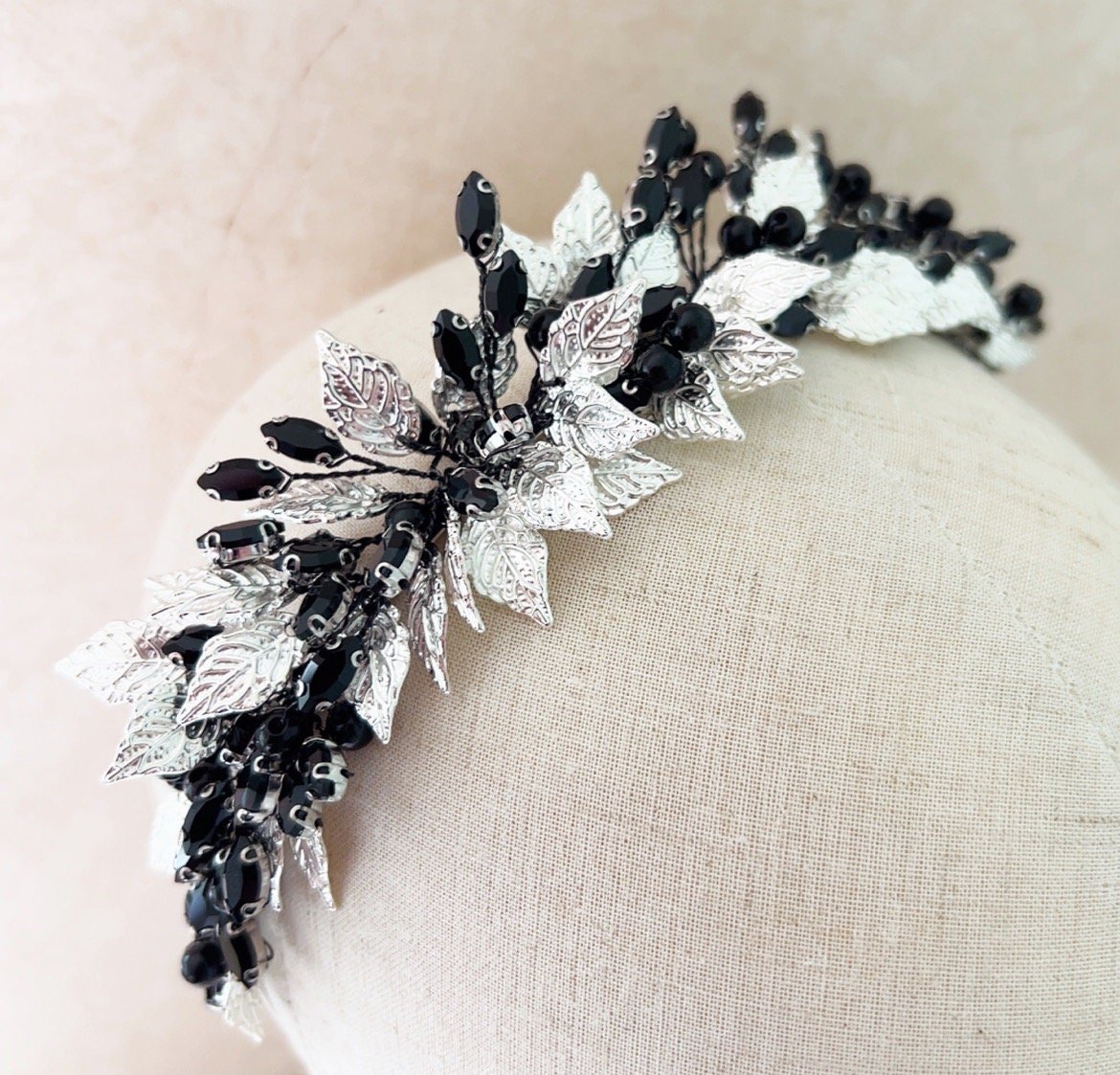 Silver leaf and black pearl bridal headband - Petal & Pearl