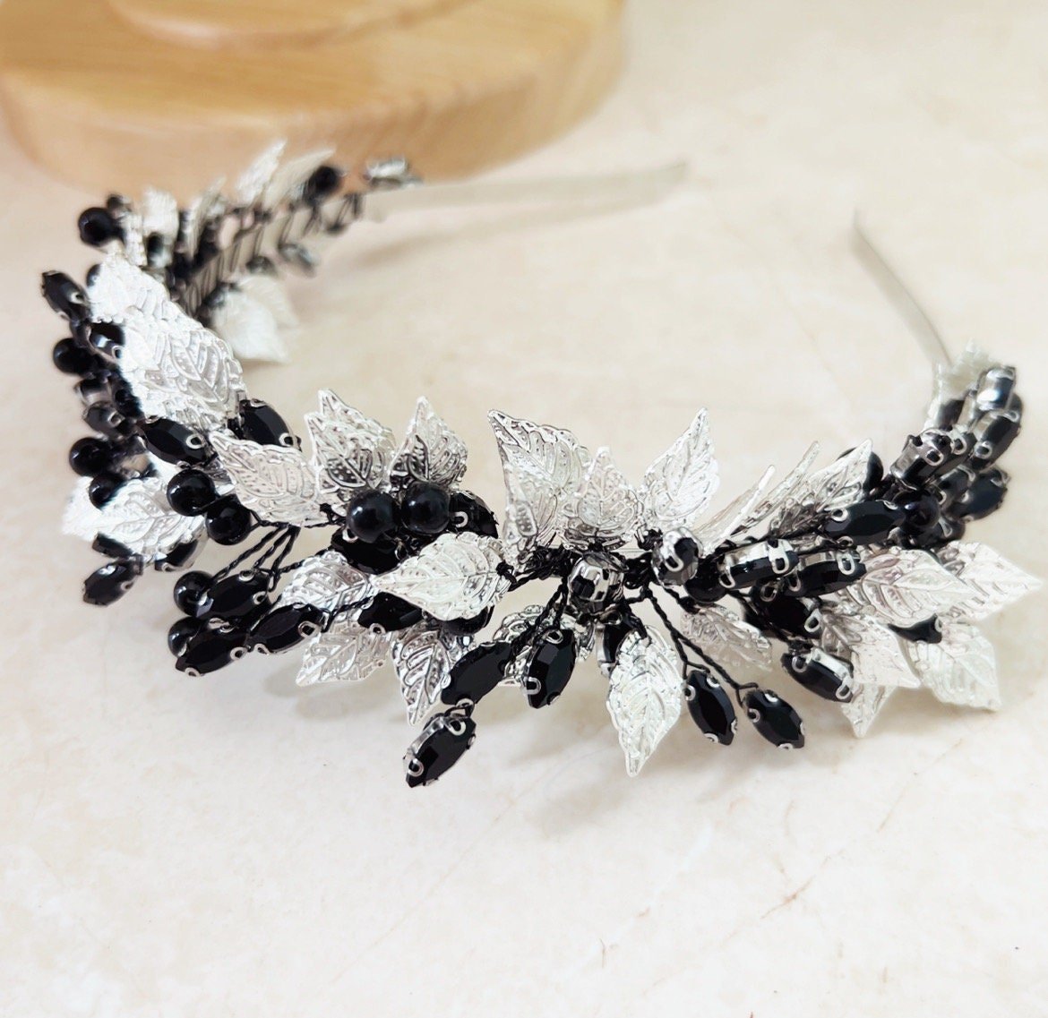 Silver leaf and black pearl bridal headband - Petal & Pearl