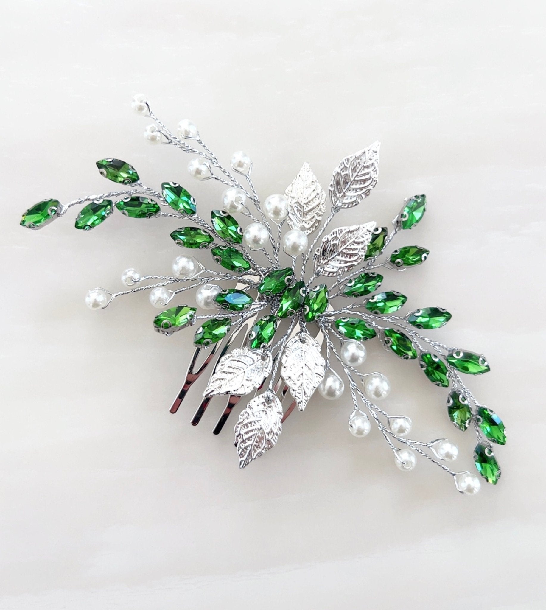 Silver leaf and green crystal and hair comb - Petal & Pearl