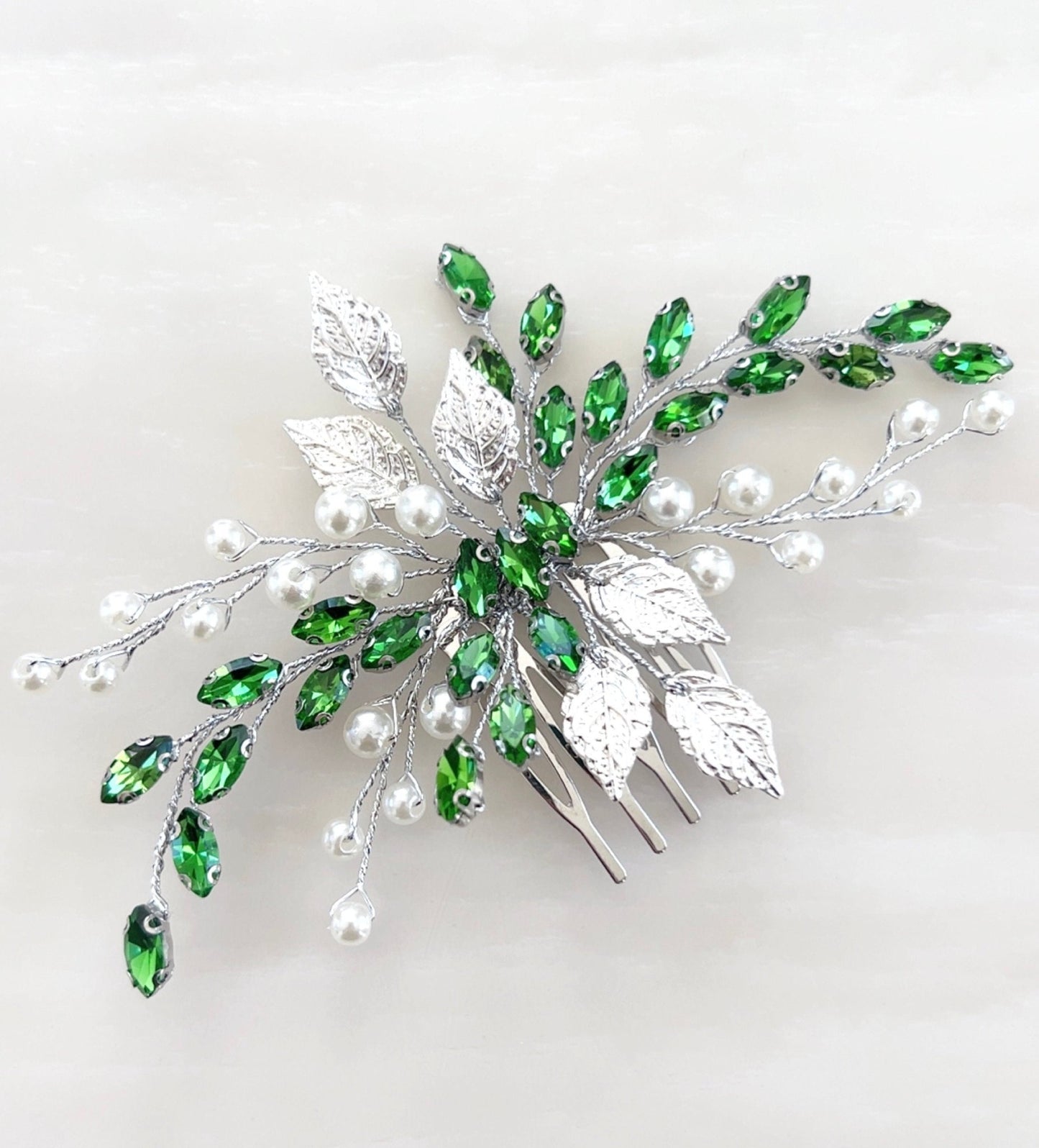 Silver leaf and green crystal and hair comb - Petal & Pearl