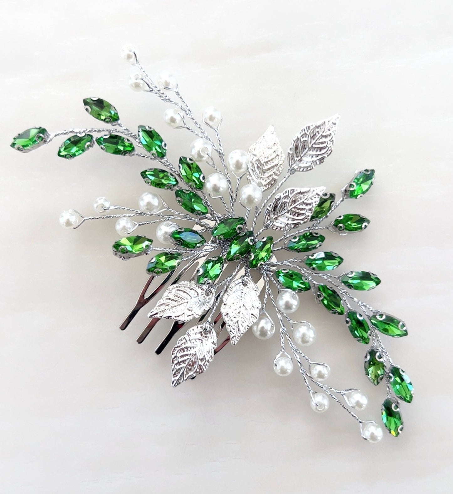 Silver leaf and green crystal and hair comb - Petal & Pearl