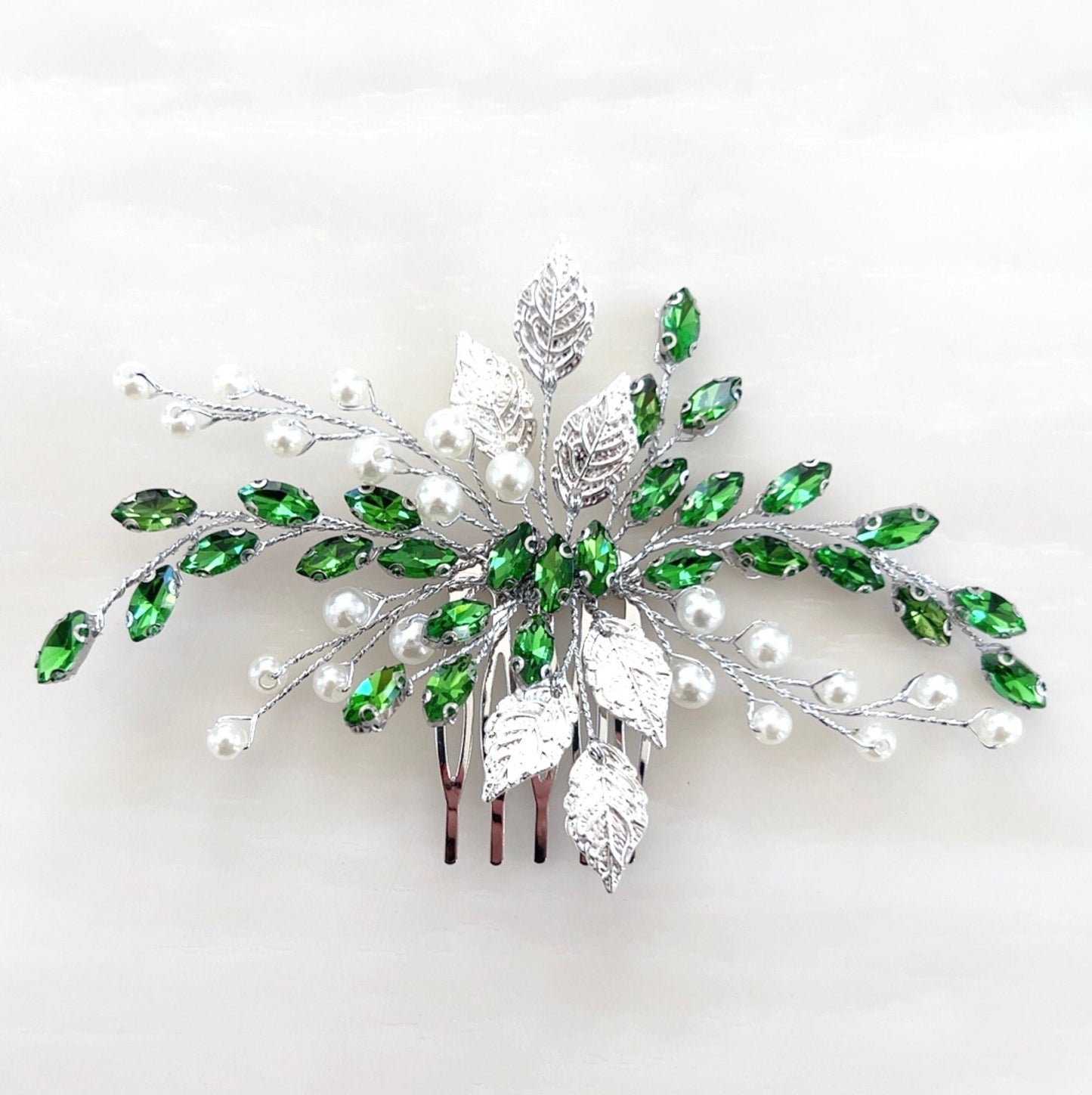 Silver leaf and green crystal and hair comb - Petal & Pearl