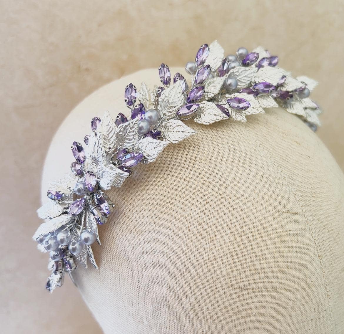 Silver leaf and lilac crystal headband - Petal & Pearl