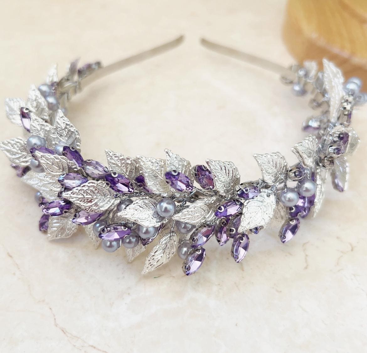 Silver leaf and lilac crystal headband - Petal & Pearl